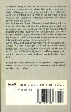 Buchrückseite Jürgen-Peter Stössel, Herz im Streß. Ein wissenschaftlicher Tatsachenroman. Auf der Grundlage eines Forschungsberichts von Franz Friczewski u.a., München: Knaur 1986.