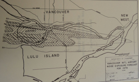 Noise contours around Vancouver airport. The contours are mapped in conical bands from left to right, with the contour numbers on the left.(City of Vancouver Archives, Community Forum on Airport Development fonds, Airport Planning Committee 1973–1976 folder: 579-A-1, file 2, ›Transport Canada, Vancouver International Airport Proposed Expansion, 1973: Public Information Kit, Noise and the Environment‹)