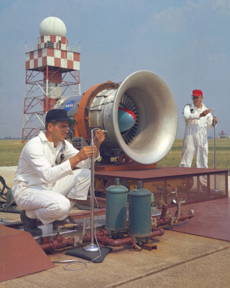 Coping with the modern soundscape: Noise Research Program on hangar apron at Lewis Research Center, now known as John H. Glenn Research Center, Cleveland, Ohio, August 1967(Wikimedia Commons; NASA/GRC/Paul Riedel/Public Domain)