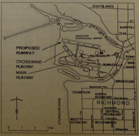 Vancouver International Airport, the proposed parallel runway, and surrounding environs, including Richmond(City of Vancouver Archives, Community Forum on Airport Development fonds, Airport Current 1989–2000 folder: 579-A-6, file 7, originally published in Spectrum, Fall/Winter 1990, p. 12)