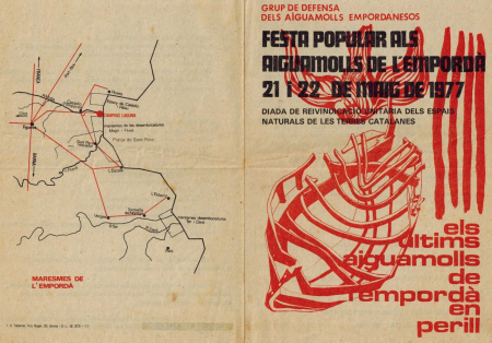 Flugblatt »Festa Popular« der Naturschutz-Initiative »Grup de Defensa dels Aiguamolls Empordanesos« vom Mai 1977. Mit einem Fest wollte die Gruppe, die für den Schutz der Aiguamolls eintrat, die Bevölkerung für das Thema sensibilisieren.(Arxiu Jordi Sargatal)