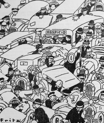 By the 1920s, residents were already describing their city streets in terms of a tragedy of the commons. This illustration partakes of an early and sustained critique of how the car had come to dominate the street, and yet popular criticism did little to challenge elite preferences.(cartoon by Fritz [Anísio Oscar da Mota], in: O Globo, Rio de Janeiro, 24 January 1927)