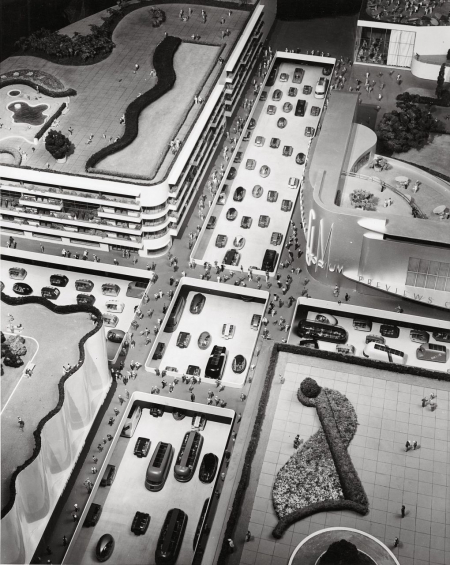 GM Futurama Model City, New York World’s Fair, 1939. Futurama was an exhibit/ride at the 1939 New York World’s Fair designed by Norman Bel Geddes (1893–1958) that presented a possible model of the world 20 years into the future (1959–60). Sponsored by the General Motors Corporation, the installation was characterized by its automated highways and vast suburbs.(Public Domain)