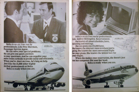 Mitarbeiter/innen in Werbeanzeigen von Delta Airlines (aus: Newsweek, 21.2.1972, und Ebony, März 1973)