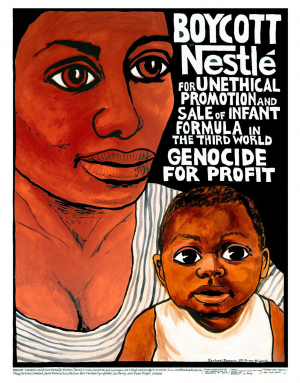 Plakat von 1978 aus der Nestlé-Boykott-Kampagne  (© Rachael Romero, San Francisco Poster Brigade [SFPB] cc; siehe auch ihre weiteren politischen Plakate unter <https://www.rachaelromero.com/sf-poster-brigade>)