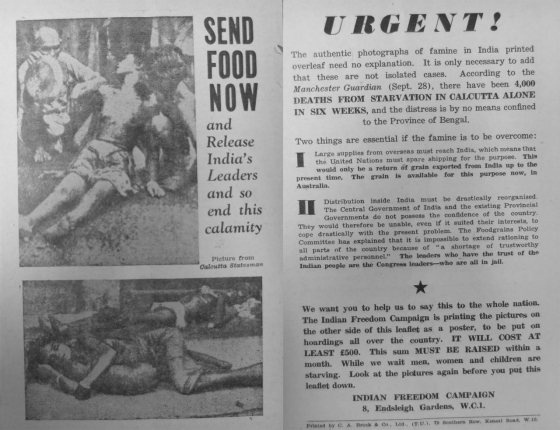 Dieses beidseitig bedruckte Flugblatt der Indian Freedom Campaign findet sich zwischen den Ausgaben des »Socialist Commentary« von 1943, die im Labour History Archive & Study Centre des People’s History Museum Manchester stehen.