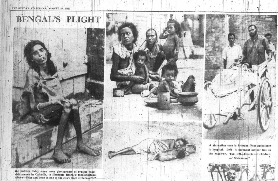 »Bengal’s Plight«. Der Zeichner Vicky nahm die beiden Fotos links als Vorlage für seine eigene Darstellung.  (Ausschnitt aus: The Statesman, 29.8.1943, unpaginiert)