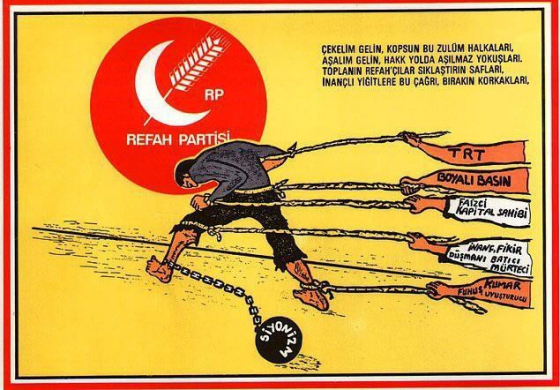 On the other hand, Islamist narratives of victimhood remained a central trope.  Islamist masculinity thus was both victimized and strong at the same time. A Refah Partisi illustration (Welfare Party – the incarnation of Milli Görüş during the 1980s and