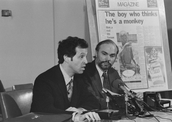 May 1976: Harlan Lane, left, and Richard Pillard, right, tell a Boston news conference of their plans to travel to Burundi to study a boy reportedly found living with monkeys. An enlargement of the newspaper article that called their attention to the case is in the background. Two years later, they published their book The Wild Boy of Burundi. (picture-alliance/AP Images)