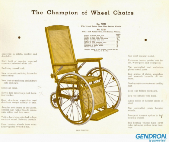 High quality, but for indoor use only: advertisement from Gendron Company wheelchair catalogue, ca. 1937–1945 (courtesy of https://gendroninc.com/; see also https://www.utoledo.edu/library/virtualexhibitions/dvx/ctrpc_gendron.html)
