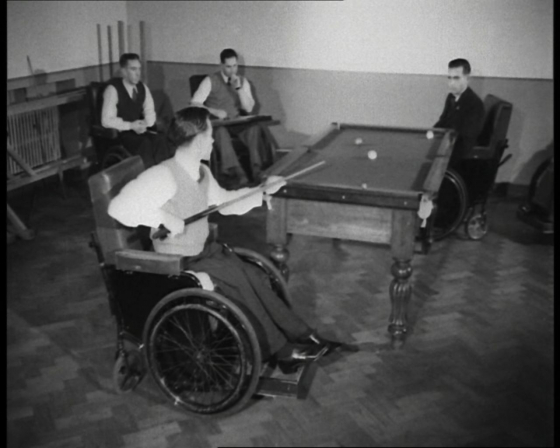 Disabled men, probably veterans, playing snooker in a new hospital for paraplegics at Isleworth, 1949 (British Pathé, Film ID: 2278.07)