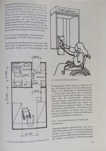 Skizzen eines rollstuhltauglichen Gästezimmers und eines Münztelefons (aus: Rolf Bollmann, Behinderte in der Umwelt. Bauliche und verkehrstechnische Einrichtungen, Berlin [Ost] 1981, S. 59)