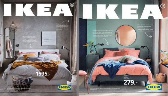 Links: IKEA-Katalog Schweden 2021, Titelseite (© Inter IKEA Systems B.V., URL: https://ikeamuseum.com/en/digital/ikea-catalogues-through-the-ages/2020s-ikea-catalogues/2021-ikea-catalogue/) Rechts: IKEA-Katalog Deutschland 2020/21, Titelseite (© Inter IKEA Systems B.V.)