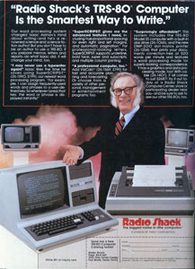 Advertising for the TRS-80 microcomputer in the USA relied on endorsements from Isaac Asimov. The choice of a ‘renowned science and science-fiction author’ usefully bridged the gap between the futuristic connotations which still inevitably attached to computers around 1980, and an everyday task (word processing) to which the machines would be put in reality. Some rival campaigns similarly evoked the scientific future through their choice of spokesman: Star Trek’s William Shatner promoted Commodore. A contrasting strategy was demonstrated by Texas Instruments’ use of Bill Cosby, a high-profile comedian with a non-technical, likeable everyman persona.