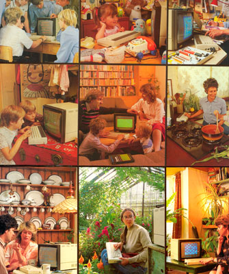 This matrix of images appeared on the retail packaging box for the Acorn Electron, an attempt by the BBC Micro’s manufacturer                      to enter the lower cost market defined in the UK by Sinclair and Commodore. Where the BBC Micro’s marketing had focused on                      education, the Electron was presented as more of an all-purpose machine for home use. Variations on the ‘domestic setting’                      theme are multiplied to an extreme level.(James Sumner, personal collection)