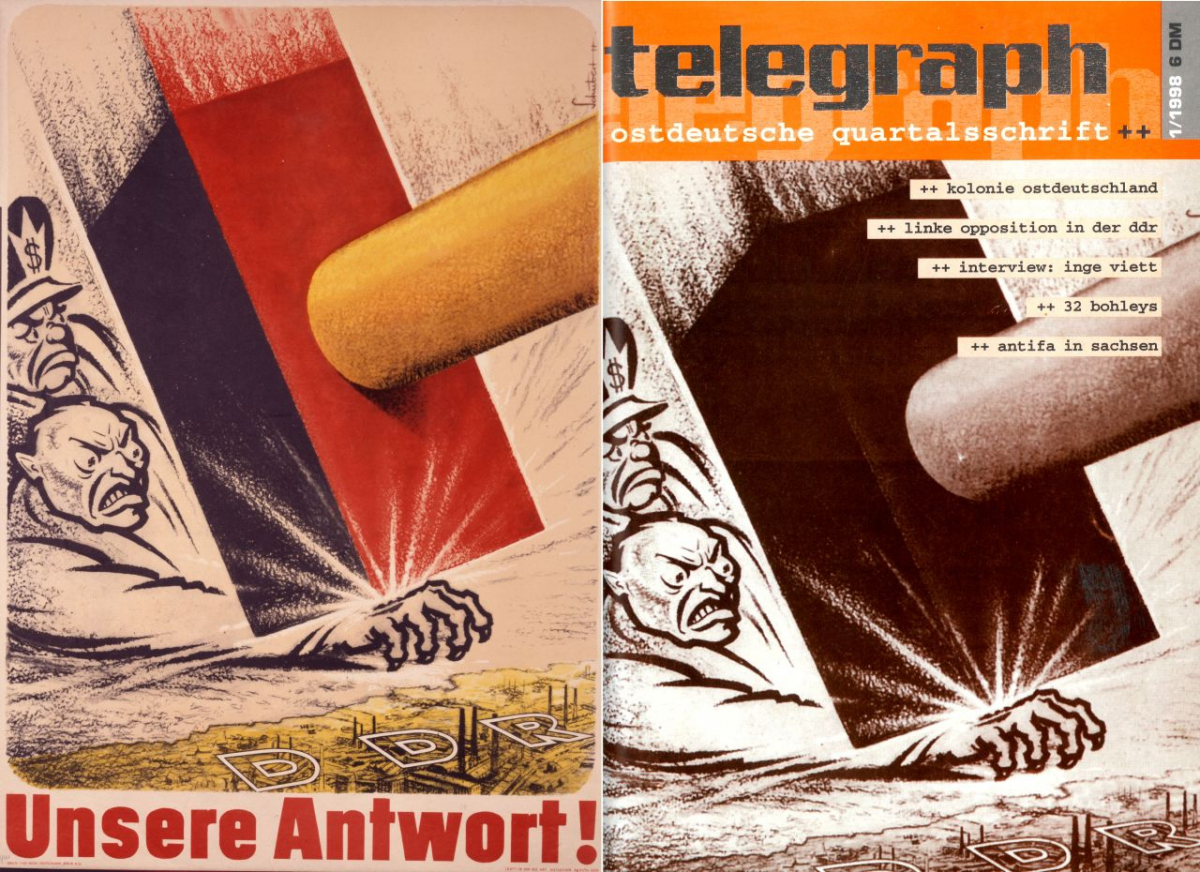 SED-Plakat (1954) und dessen spätere Adaption auf dem Cover der Zeitschrift »telegraph« (1998) (Plakat: Deutsches Historisches Museum/Arne Psille, Inv.-Nr. P 61/668, Gestaltung: Wilhelm Schubert [1889–1962], 83 x 58,5 cm)