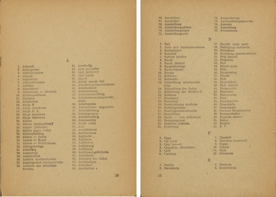 Die ersten Einträge in der Blumental-Studie »Unschuldige Wörter« (A−D). Da die Judenvernichtung hauptsächlich in Polen stattfand, enthält das Wörterbuch auch viele polnische Begriffe, die während der NS-Besatzung in den Ghettos und Lagern gebräuchlich waren. (Anfang des Inhaltsverzeichnisses aus: Nachman Blumental, Słowa Niewinne, Kraków 1947)