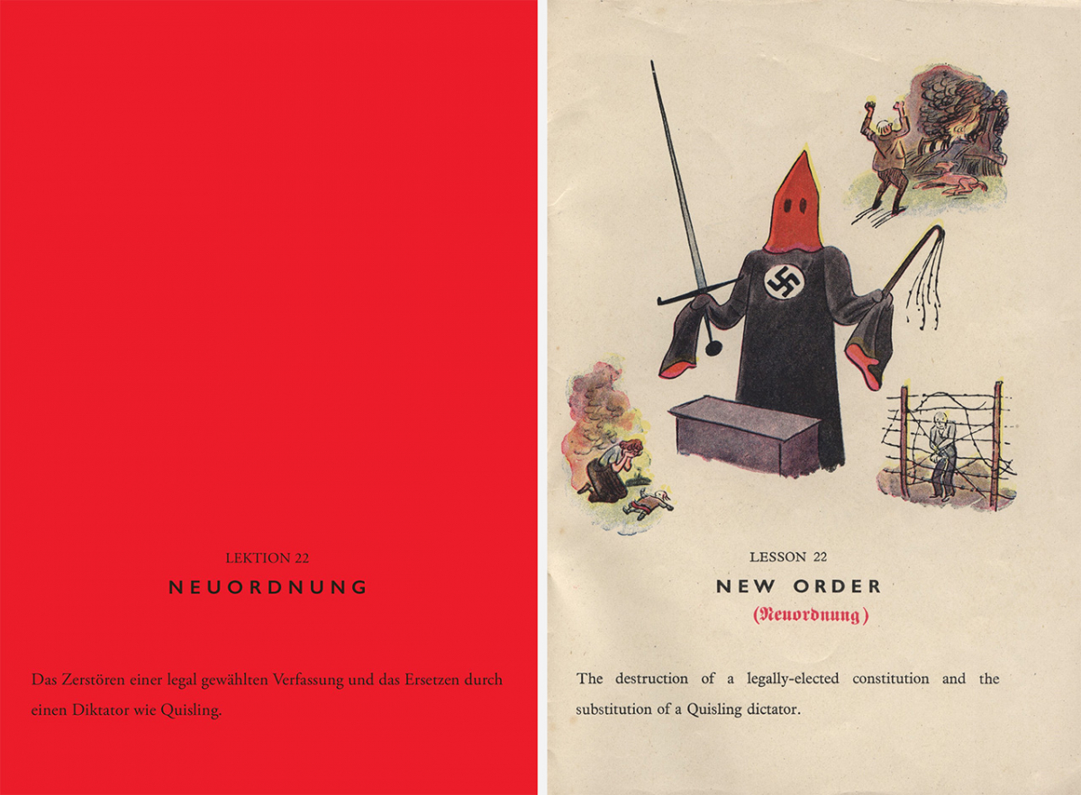 Die nationalsozialistische »Neuordnung« – eine Herrschaft der Gewalt und des Schreckens in Europa. Der in Prag geborene, aus einer jüdischen Familie stammende Zeichner Walter Trier (1890–1951), der 1936 aus Berlin nach London emigriert war und bis heute vor allem als Illustrator der Kinderbücher Erich Kästners bekannt ist, stellte den Formeln der NS-Propaganda ihre reale Bedeutung gegenüber.Die Flugschrift »Nazi-German in 22 Lessons« von 1942 wurde aus Maschinen der Royal Air Force über besetzten Gebieten abgeworfen.(Doppelseite aus: Nazi-Deutsch in 22 Lektionen. Mit hilfreichen Informationen für Führer, Saboteure, Gauleiter und Quislinge. Nachdruck einer Flugschrift aus dem Jahr 1942. Mit einem Vorwort von Max Czollek. Nachwort und Anmerkungen von Antje M. Warthorst, Berlin 2022)