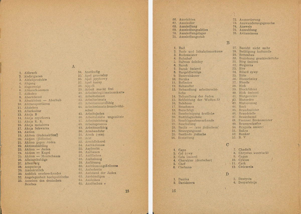 Die ersten Einträge in der Blumental-Studie »Unschuldige Wörter« (A−D). Da die Judenvernichtung hauptsächlich in Polen stattfand, enthält das Wörterbuch auch viele polnische Begriffe, die während der NS-Besatzung in den Ghettos und Lagern gebräuchlich waren. (Anfang des Inhaltsverzeichnisses aus: Nachman Blumental, Słowa Niewinne, Kraków 1947)