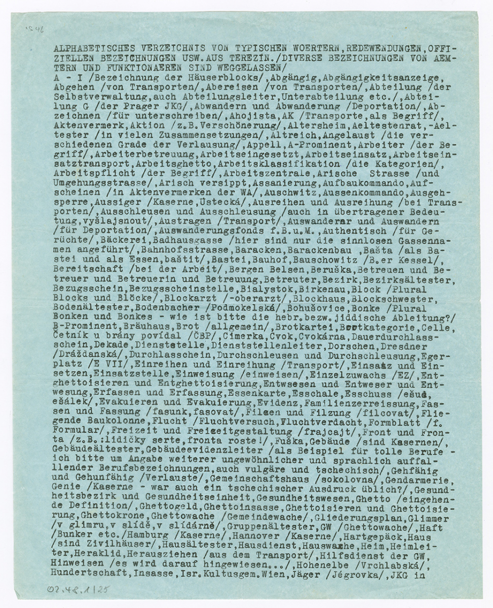 Excerpts from H.G. Adler’s preliminary work for his ›Wörterverzeichnis‹, undated (1946?)
