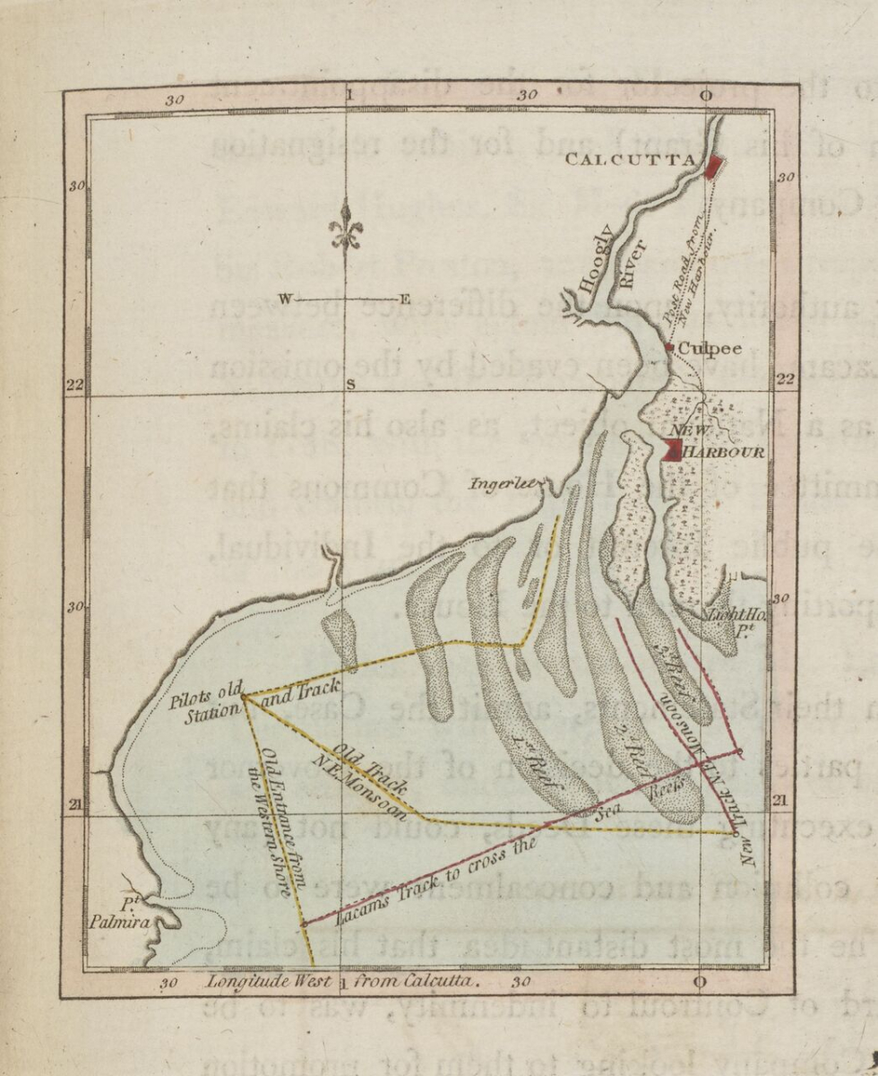 Map showing old and new navigation tracks between shoals and the need for a new harbour, 1773 (From the British Library Collection: Benjamin Lacam Papers, IOR/H/396, p. 321)