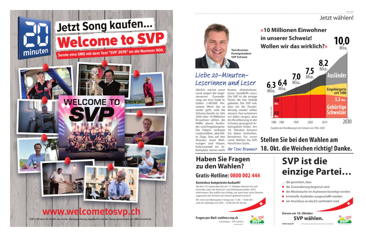»Welcome to SVP« – Wahlwerbung für die Schweizerische Volkspartei (Titelblatt der Schweizer Gratis-Zeitung »20 Minuten«, 15. September 2015)