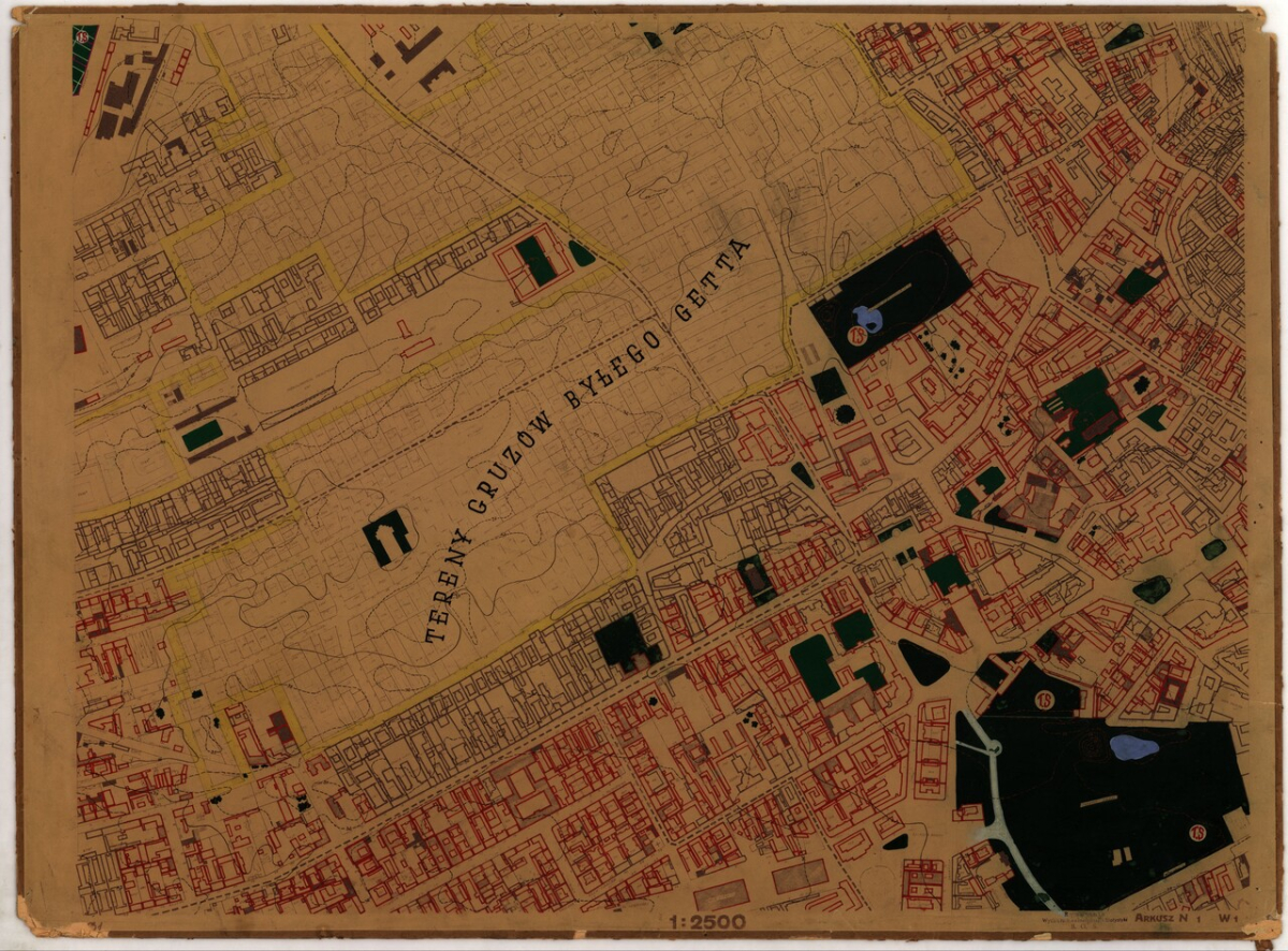 Destruction Survey Map, Warsaw Reconstruction Office, 1945–1946. The plots marked in red designate buildings burned to the ground. The captioned area in the centre is the former Warsaw Ghetto, where all the buildings were turned into rubble (one Catholic church remained standing and is marked in black). (Archiwum Państwowe w Warszawie/State Archive in Warsaw, 72/25, 7724, 31) Destruction Survey Map, Warsaw Reconstruction Office, 1945–1946. The plots marked in red designate buildings burned to the ground. The captioned area in the centre is the former Warsaw Ghetto, where all the buildings were turned into rubble (one Catholic church remained standing and is marked in black). (Archiwum Państwowe w Warszawie/State Archive in Warsaw, 72/25, 7724, 31)