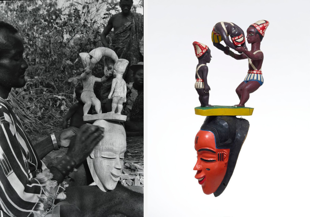 Links: Hans Himmelheber gab die erste Monographie des Bildhauers Sabou bi Boti (ca. 1920–2001) mit heraus und dokumentierte den Herstellungsprozess dieser Sauli-Maske im Detail. Tibeita, Guro-Region, Côte dʼIvoire, 1975 (Museum Rietberg, FHH 384-5, Foto: Hans Himmelheber, © Museum Rietberg Zürich) Rechts: Sauli-Maske von Sabou bi Boti mit Szene von Dan-Akrobaten. Tibeita, Guro-Region, Côte dʼIvoire, 1975 (Museum Rietberg, 2014.1, Geschenk Eberhard und Barbara Fischer, Foto: Rainer Wolfsberger, © Museum Rietberg Zürich)