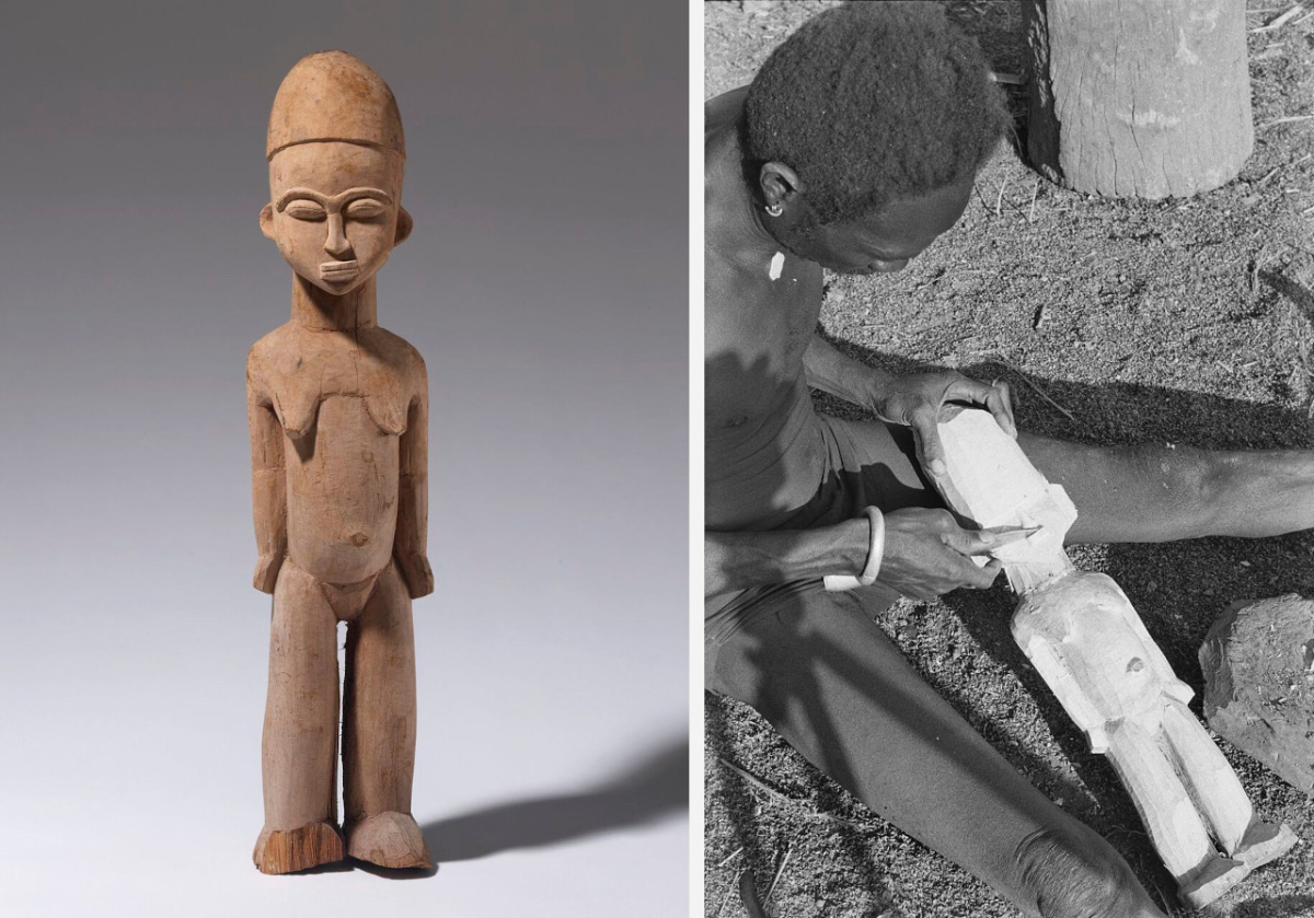 Links: Weibliche Bateba-Figur des Bildhauers Biniate Kambre, erworben von Hans Himmelheber nach der Dokumentation der Herstellung in Tiamne, Lobi-Region, Côte d’Ivoire, 1965 (Museum Rietberg, 2015.238, Foto: Rainer Wolfsberger, Geschenk der Erbengemeinschaft Hans Himmelheber, © Museum Rietberg Zürich) Rechts: Hans Himmelheber dokumentierte die Herstellung der Bateba-Figur durch Biniate Kambre 1965 auch mit seiner Foto- und Filmkamera. (Museum Rietberg, FHH 339-2, Foto: Hans Himmelheber, © Museum Rietberg Zürich)