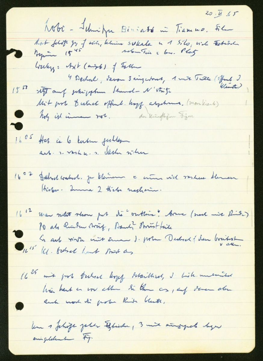 Himmelhebers Notizen im »Minutentakt« zur Herstellung der Figur durch den Bildhauer Biniate Kambre, 1965 (Museum Rietberg, HH.01-01.11, © Museum Rietberg Zürich)