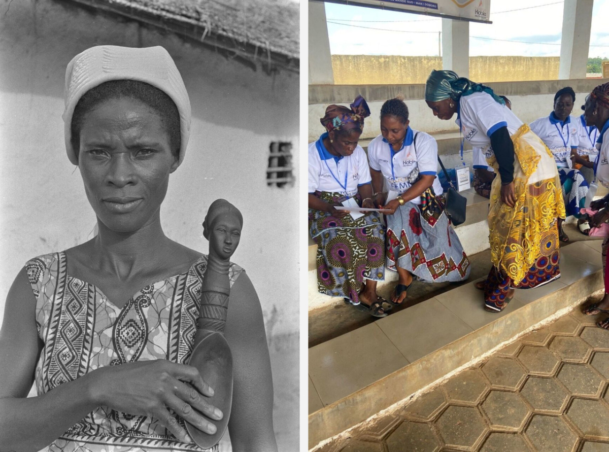 Links: Eine Frau mit einem Wakemia-Löffel, der ihr Porträt zeigt. Dah, Guere-Region, Côte dʼIvoire, 1968 (Museum Rietberg, FHH 346-1, Foto: Hans Himmelheber, © Museum Rietberg Zürich) Rechts: Das Archiv kehrt zurück – Diskussion der historischen Fotos von Hans Himmelheber mit Frauen während des Workshops zu Frauenwissen in der Fondation Koble des Mandé Sud, Man, Côte dʼIvoire, 2022 (Museum Rietberg, Foto: Daniela Müller, © Museum Rietberg Zürich) Links: Eine Frau mit einem Wakemia-Löffel, der ihr Porträt zeigt. Dah, Guere-Region, Côte dʼIvoire, 1968 (Museum Rietberg, FHH 346-1, Foto: Hans Himmelheber, © Museum Rietberg Zürich) Rechts: Das Archiv kehrt zurück – Diskussion der historischen Fotos von Hans Himmelheber mit Frauen während des Workshops zu Frauenwissen in der Fondation Koble des Mandé Sud, Man, Côte dʼIvoire, 2022 (Museum Rietberg, Foto: Daniela Müller, © Museum Rietberg Zürich)