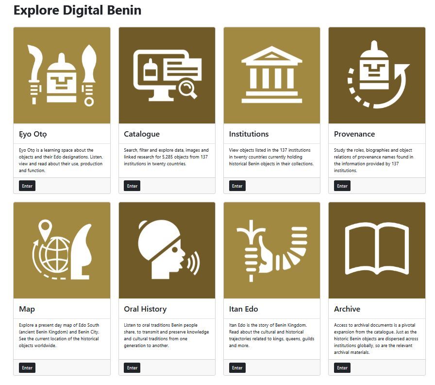 Teilbereiche (Spaces) der Website »Digital Benin« (Februar 2025, Screenshot/Ausschnitt)