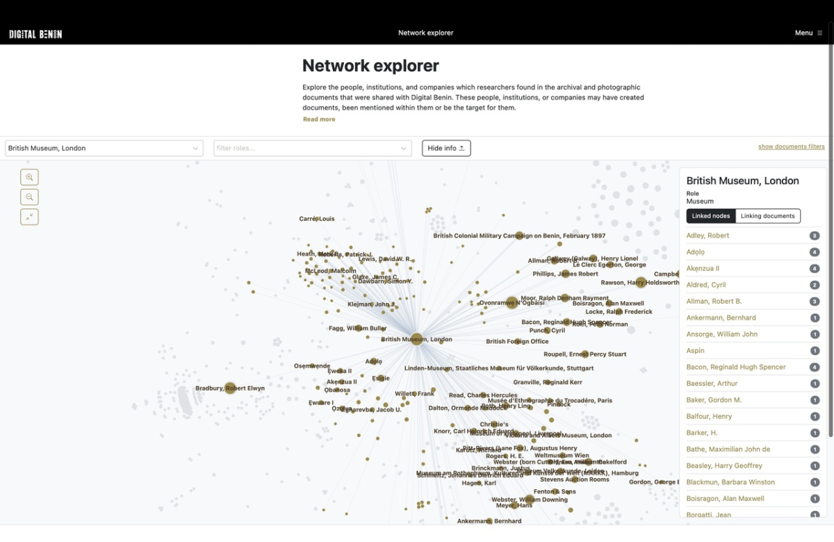 Beziehungsnetze des British Museum in London – exemplarische Ansicht des »Network Explorer« der Website »Digital Benin« (Februar 2025, Screenshot/Ausschnitt)