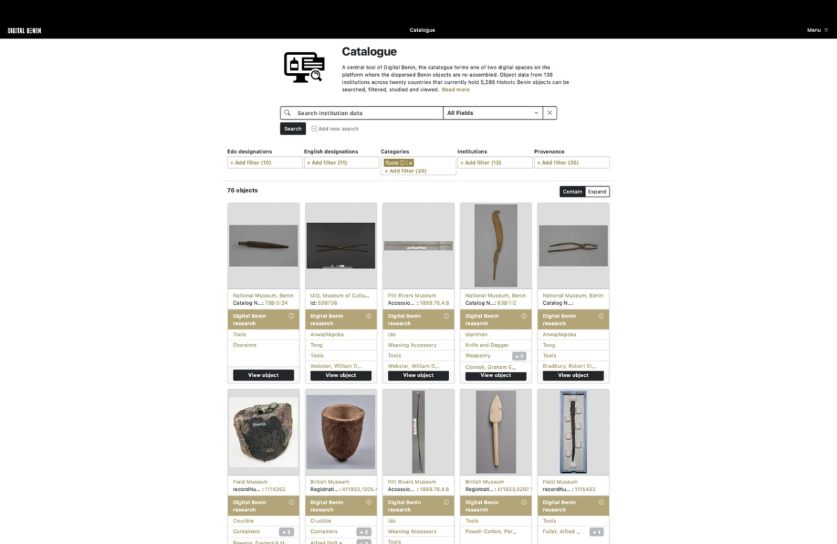Space »Catalogue« der Website »Digital Benin«, Filterkategorie »Tools« (Februar 2025, Screenshot/Ausschnitt) 