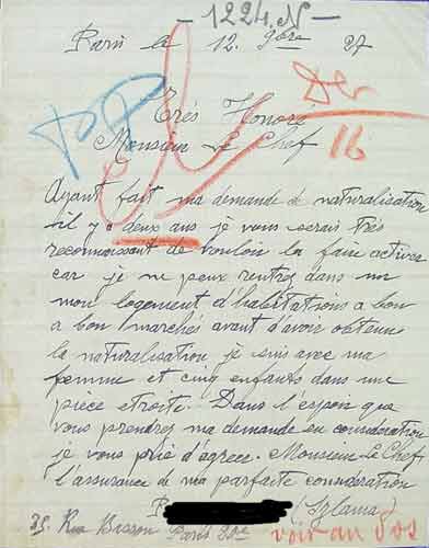 Schreiben des einbürgerungswilligen Szlama P. an die Polizeipräfektur vom 12.11.1927