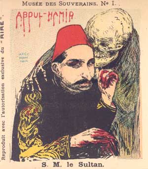 „Abdülhamid II., der blutige Sultan“. Wiedergabe einer Zeichnung aus der französischen Satirezeitschrift „Le Rire“