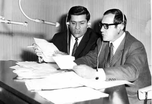 Mario Cerza (links) und Gualtiero Guidi, italienische Redaktion beim Bayerischen Rundfunk (April 1968)