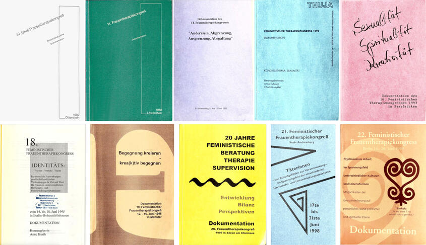 Die Dokumentationen der Frauentherapiekongresse lassen ein breites Spektrum von Themen und auch von Gestaltungsansätzen erkennen – hier Beispiele aus den 1980er- und 1990er-Jahren. (Sammlung der Autorinnen)