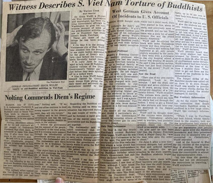 Die »Washington Post« vom 28. Juli 1963 berichtete über Erich Wulff als Zeugen von Gewalttaten in Vietnam.