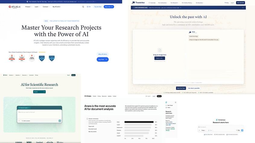 Collage von Screenshots zu KI-Tools für geisteswissenschaftliche Arbeitszusammenhänge