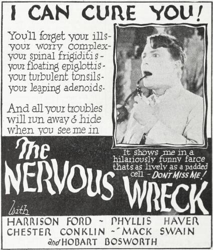 Werbung für die amerikanische Kömödie »The Nervous Wreck« (1926)